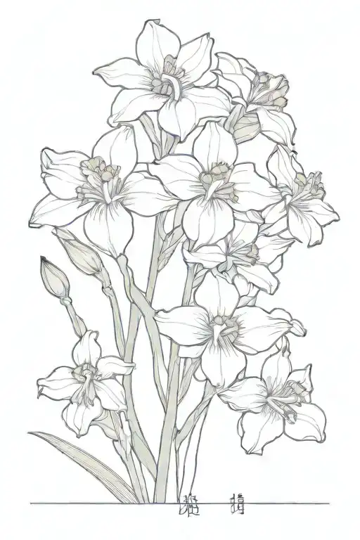Combination kf japanese iris, ume, delphinium, and everlasting flowers tattoo design idea
