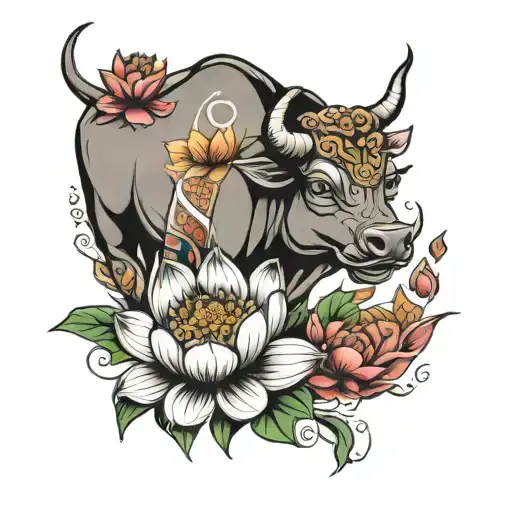 lotus and taurus bull tattoo design idea