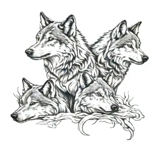 A black-grey tattoo of four wolves representing family bonds tattoo design idea