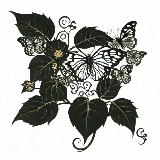 long thin vine with ivy flowers and 2 butterflies tattoo design idea