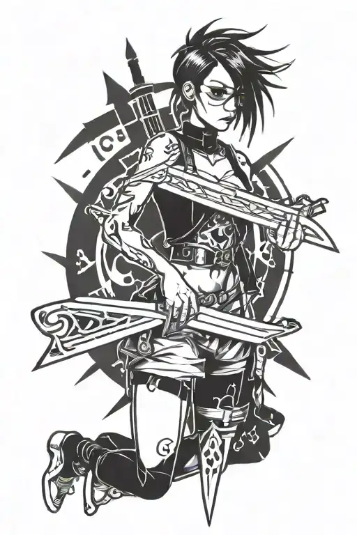 cyber sigilism, sword, emo girl tattoo design idea