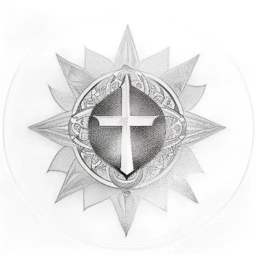 A realistic tattoo of a spiritual symbol representing faith and God, with a Pittsburgh skyline in the background tattoo design idea