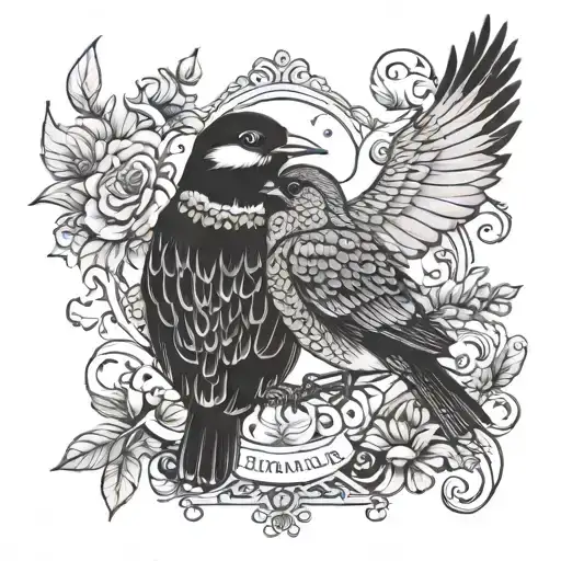 birds with the names Krish and Radha text tattoo design idea