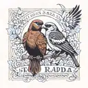 birds with the names Krish and Radha text tattoo design idea