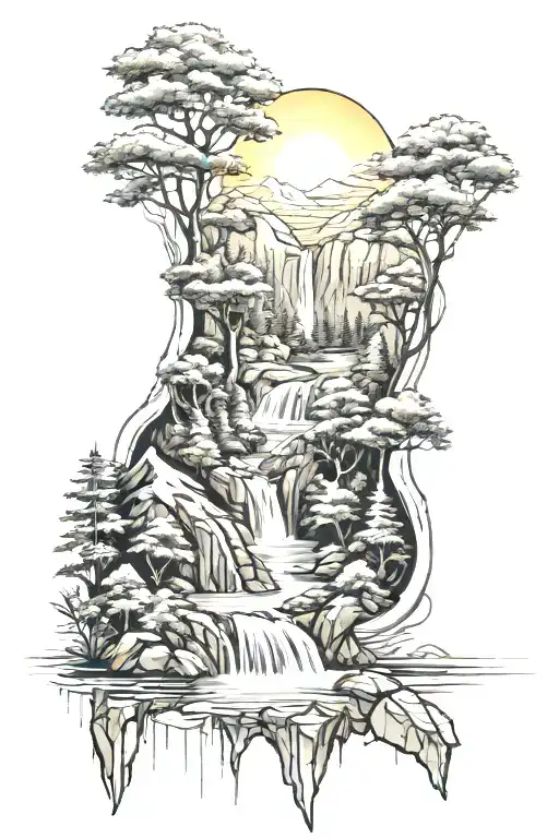 sun mountains river trees waterfall tattoo design idea
