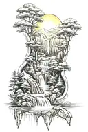 sun mountains river trees waterfall tattoo design idea