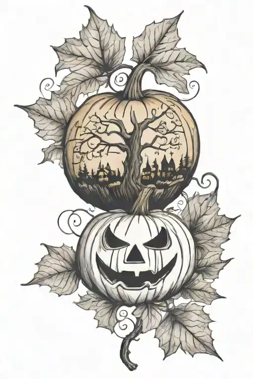 Halloween pumpkin and fall leaves and trees tattoo design idea