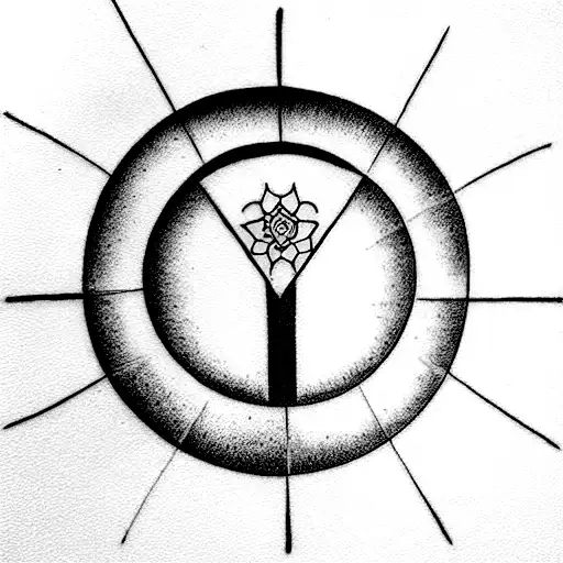 The tattoo design consists of a rectangular frame. At the top, there is a half sun with intricate details and radiant ra tattoo design idea