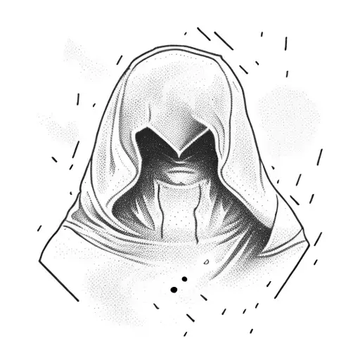 Assassin's Creed hooded figure blending into a forest background tattoo design idea