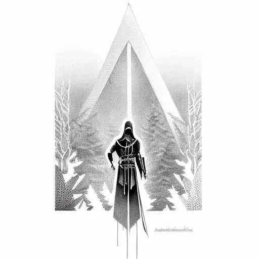 Assassin's Creed hooded figure blending into a forest background tattoo design idea