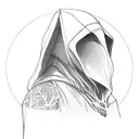 Assassin's Creed hooded figure blending into a forest background tattoo design idea