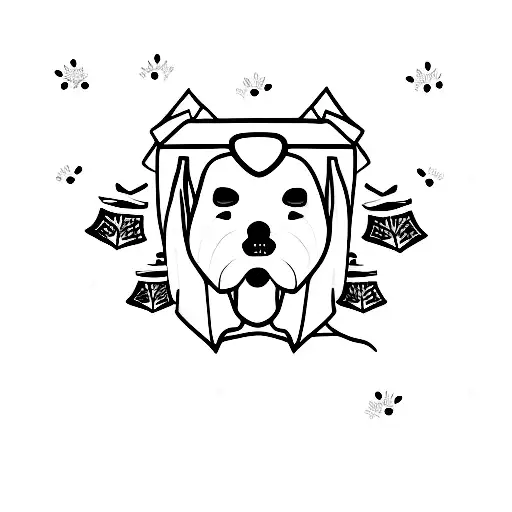 A minimalist tattoo of a dog in a ghost costume holding a Christmas tree tattoo design idea