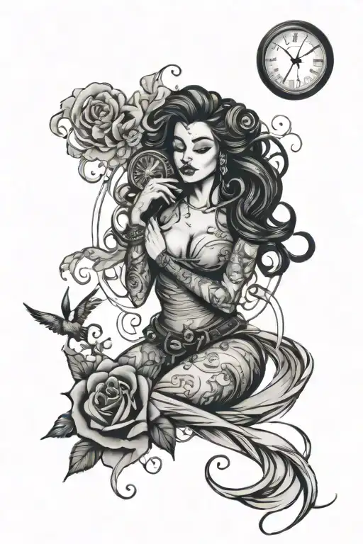 Vanessa in cursive with a Clock face that has god praying. And thunder around all of it tattoo design idea