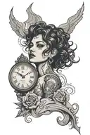 Vanessa in cursive with a Clock face that has god praying. And thunder around all of it tattoo design idea