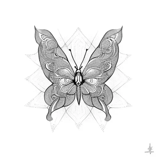 Fine line butterfly with intricate geometric patterns tattoo design idea