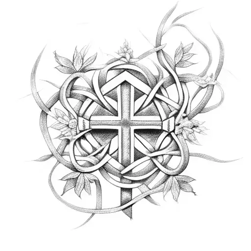 A cross made of intertwined vines and flowers, representing the unity and love within a family. tattoo design idea