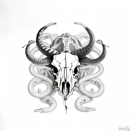 buffalo skull with snake tattoo design idea