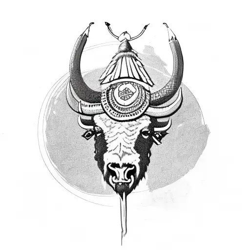 Bison skull with indian hat on it an on the  ackground ornatemt with snake and m tattoo design idea