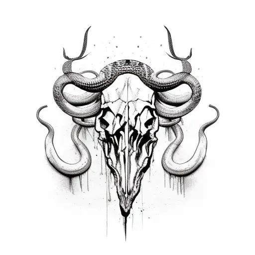  buffalo skull on the  background ornatemt with snake and m tattoo design idea