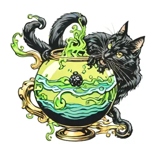 Black cat tipping over potion tattoo design idea