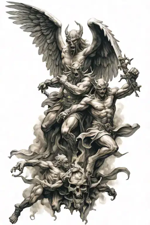 angel and demons god and devil battle scene tattoo design idea