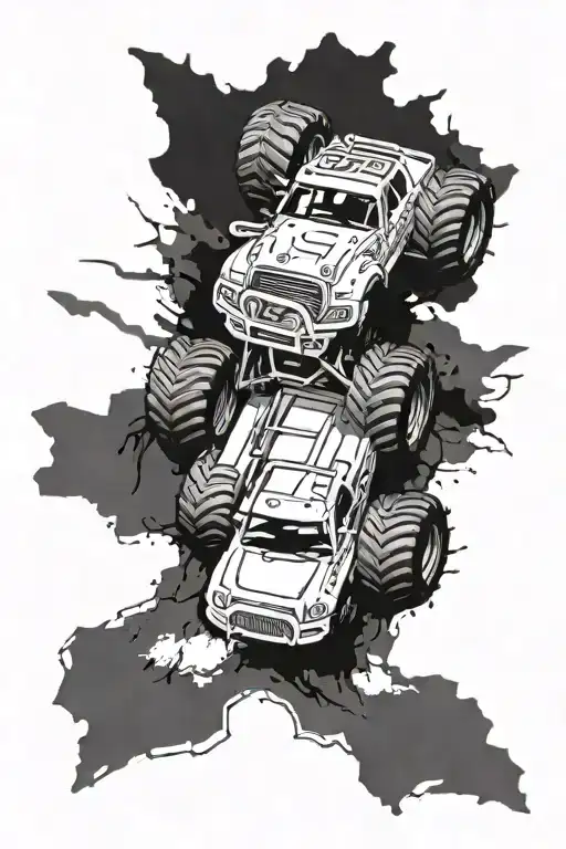 An off-roading god riding a massive monster truck through rugged terrain tattoo design idea