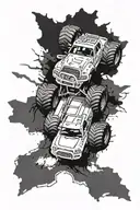 An off-roading god riding a massive monster truck through rugged terrain tattoo design idea