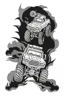 An off-roading god riding a massive monster truck through rugged terrain tattoo design idea