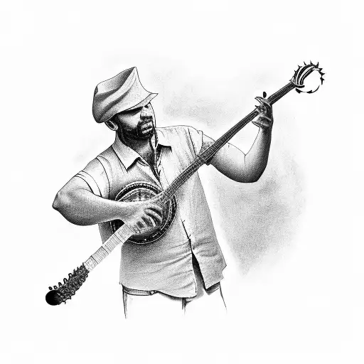 A black-grey tattoo of a weed farmer holding a banjo tattoo design idea