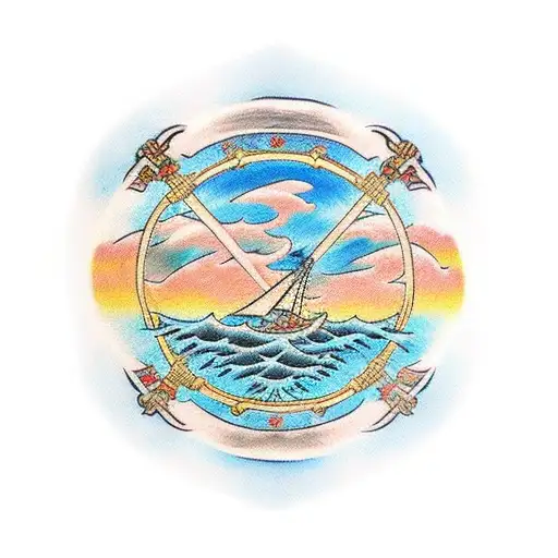 A traditional Japanese-style tattoo depicting the Straw Hat Pirates sailing on the Thousand Sunny with the One Piece treasure in sight. tattoo design idea