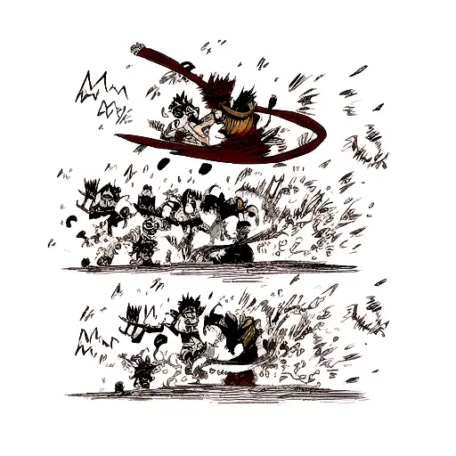 A dynamic and action-packed scene featuring Monkey D. Luffy and his crew battling against a formidable enemy in the New World. tattoo design idea