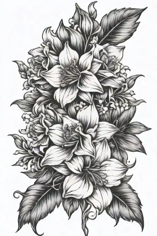 larkspur, cosmos, narcissus, rose, violet flower intertwined tattoo design idea