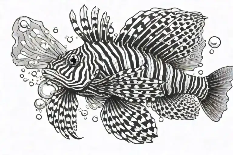 lion fish swimming in bubbles tattoo design idea
