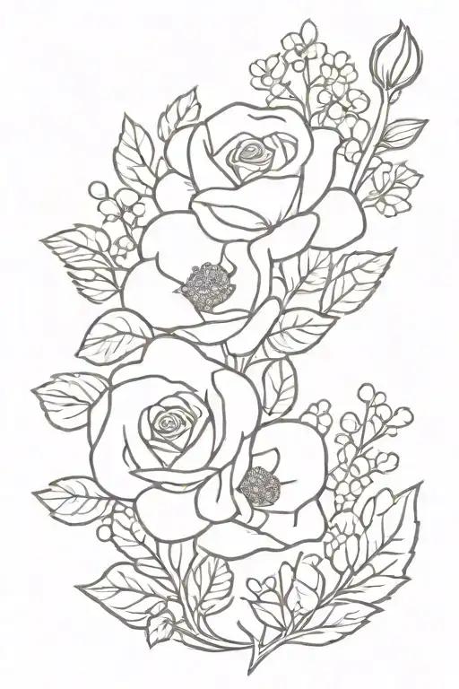 bouquet of flowers (a rose, an alyssum, honeysuckles, and a hollyhock) tattoo design idea