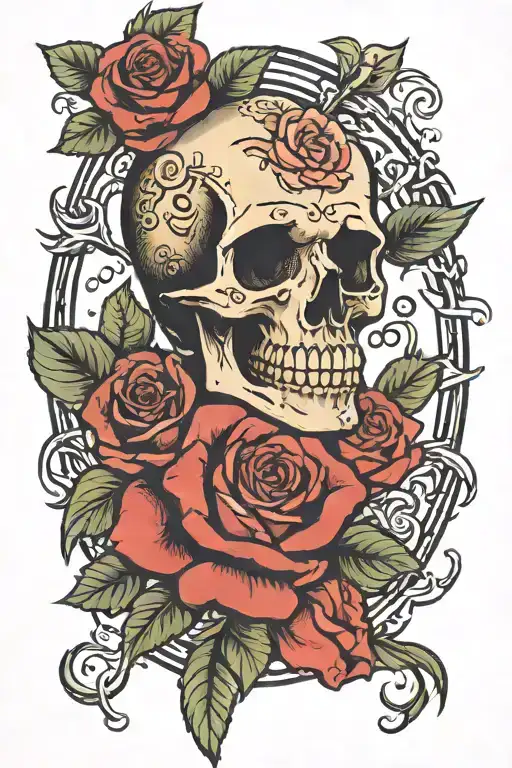 skull, rose and finger bones tattoo design idea