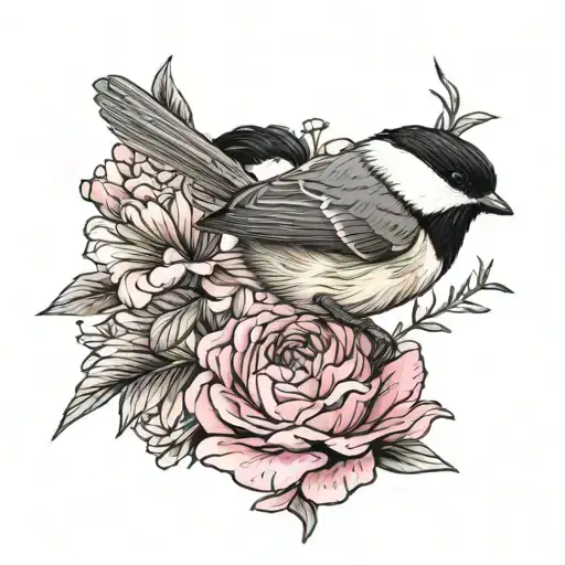 chickadee perched on a pink carnation flower tattoo design idea