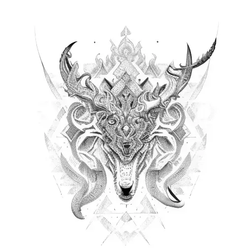 An intricate design featuring multiple weapons and animals intertwined tattoo design idea