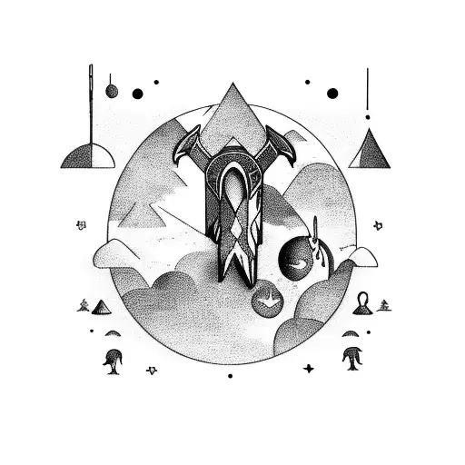 A surreal scene with animals and weapons floating in a cosmic background tattoo design idea