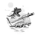 A surreal scene with dinosaurs and weapons floating in a cosmic background tattoo design idea