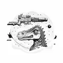 A surreal scene with dinosaurs and weapons floating in a cosmic background tattoo design idea