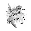 A surreal scene with dinosaurs and weapons floating in a cosmic background tattoo design idea