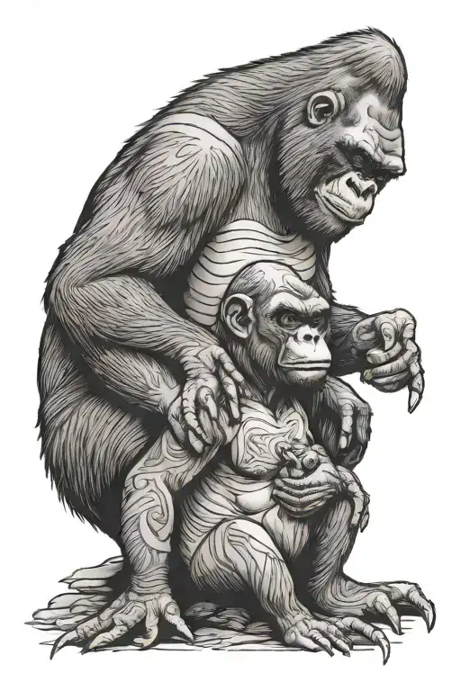 Penguin and Silver back gorilla holding tattoo design idea
