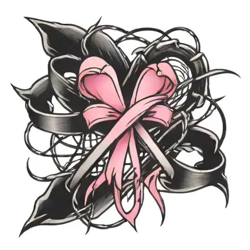 breast cancer ribbon intertwined with barbed wires  tattoo design idea