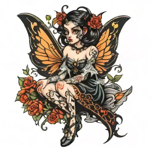 goth fairy sitting wings spread wide tattoo design idea