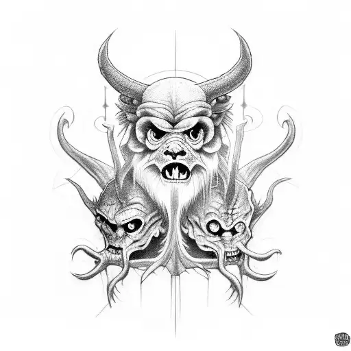 three demonic creatures representing hear no evil, see no evil, speak no evil tattoo design idea