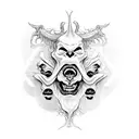 A demonic creature with three heads representing hear no evil, see no evil, speak no evil tattoo design idea