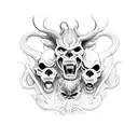 A demonic creature with three heads representing hear no evil, see no evil, speak no evil tattoo design idea