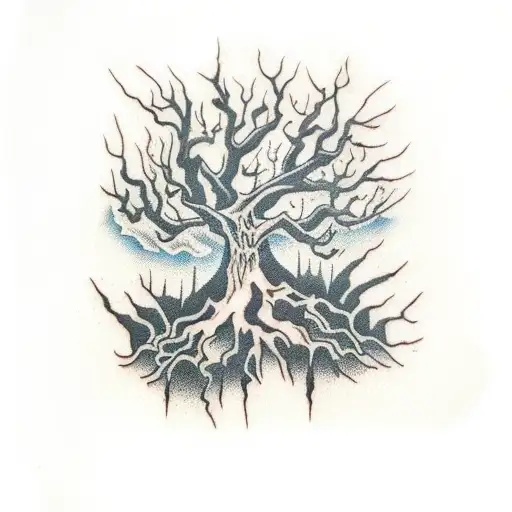 scary tall dead tree with roots tattoo design idea