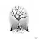 tall dead tree with roots tattoo design idea