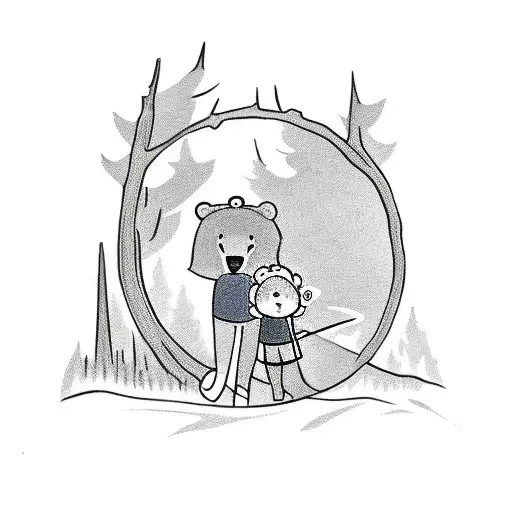 Daddy bear with a sword in the back walking with his son in the woods holding paws tattoo design idea